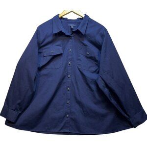 Land's End Men's Button Up Cotton Shirt Long Sleeve Size 4X Navy Blue Pockets